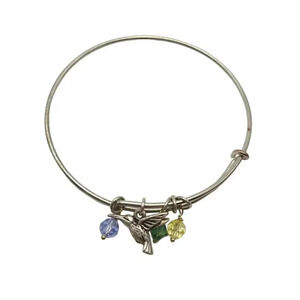 Multicolor Glass Beads Hummingbird Charm Bangle Bracelet Silver Tone Vintage